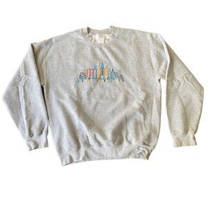 New York City Skyline Embroidery Sweatshirt Crewneck Y2K Grey Medium